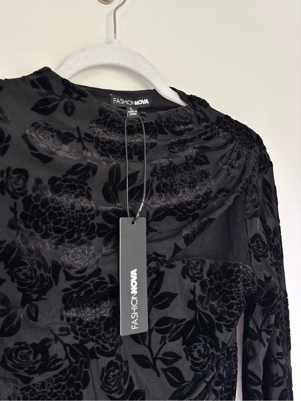 NWT Fashion Nova Black Velvet Floral Mesh Bodysuit | Ruched Long Sleeve | Size L